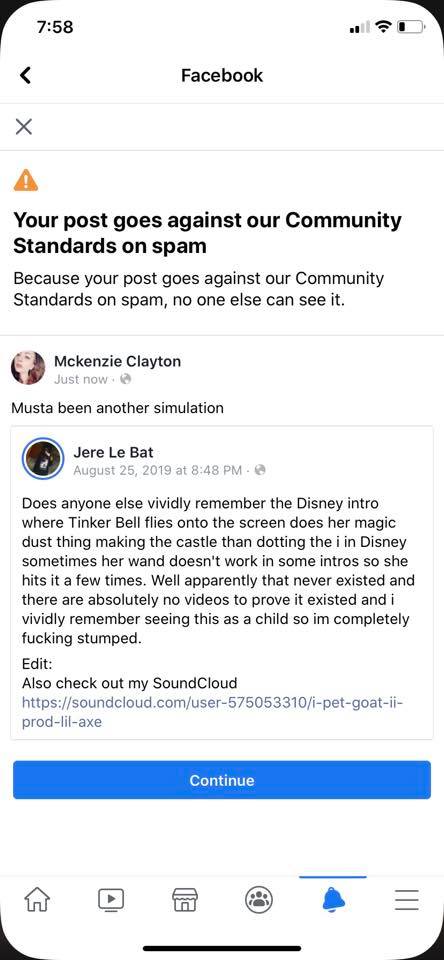 The meme is a screenshot of a Facebook post that has been flagged as spam. The post is a comment on a Facebook post asking if anyone else remembers the Disney intro to Tinker Bell, where the screen shows a girl flying into a castle. The text of the post is: "Does anyone else vividly remember the Disney intro where Tinker Bell flies onto the screen does her magic dust thing making the castle then dots the i in Disney sometimes her and doesn't work in some intros so she hits it a few times. Well apparently that never existed and there are absolutely no videos to prove it existed and I vividly remember seeing this as a child so I'm completely f***ing stupid."